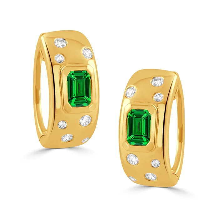 18K Yellow Gold Diamond with Tsavorite Hoop Earrings