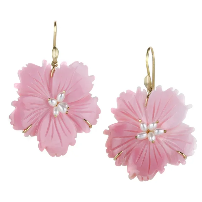 18K Yellow Gold Pink Conch Wild Rose Earrings