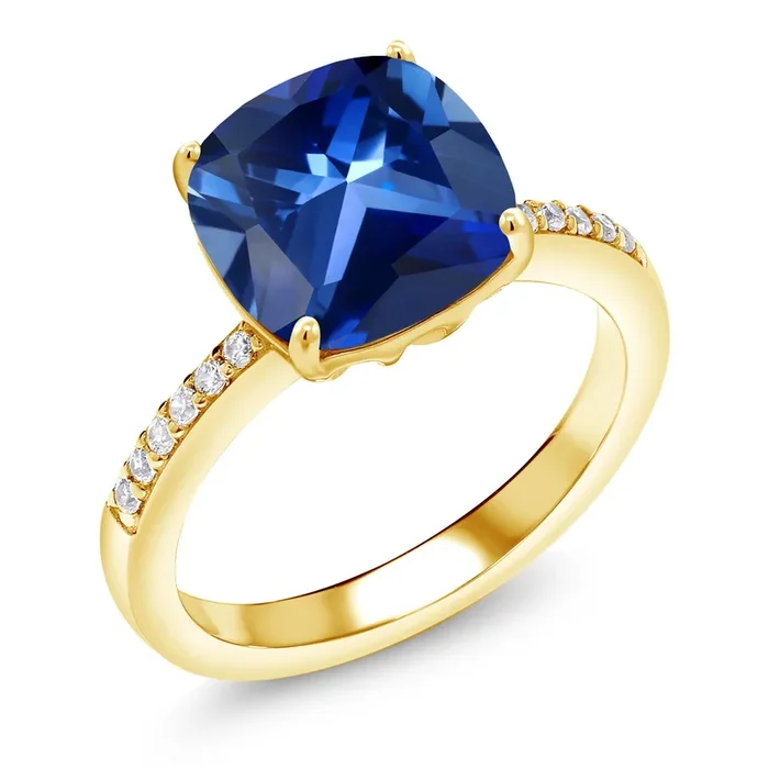 18K Yellow Gold Plated Silver 10MM Cushion Gemstone Birthstone Engagement Ring | Wedding Anniversary Promise Ring For Women | Available In Size 5, 6, 7, 8, 9