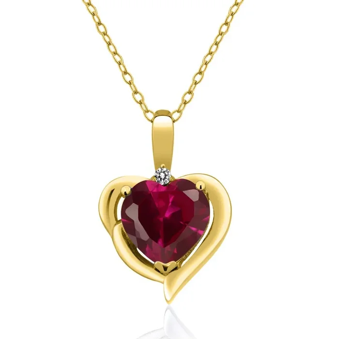 18K Yellow Gold Plated Silver 8MM Heart Shape Gemstone Birthstone and 1.5MM Accent Gemstone Heart Pendant Necklace For Women | With 18 Inch Silver Chain