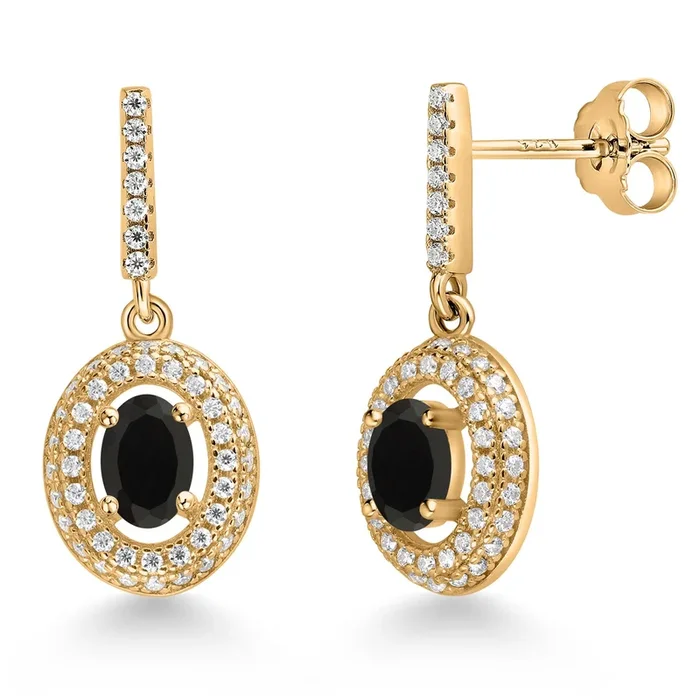 18K Yellow Gold Plated Silver Black Onyx and White Moissanite Dangle Earrings For Women (1.31 Cttw, Gemstone December Birthstone, Oval 6X4MM)
