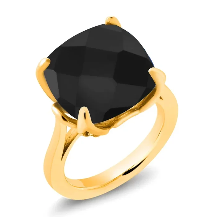 18K Yellow Gold Plated Silver Black Onyx and Yellow Created Sapphire Engagement Ring For Women (8.22 Cttw, 14MM Cushion Checkerboard, Available in Size 5,6,7,8,9)