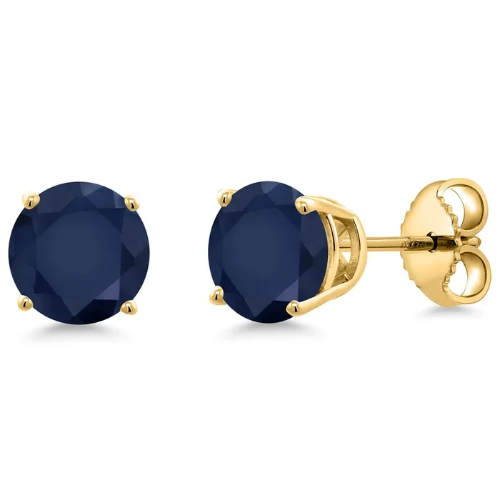 18K Yellow Gold Plated Silver Blue Sapphire Stud Earrings for Women | 2.20 Cttw | Gemstone September Birthstone | Round 6MM