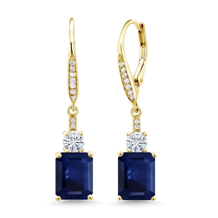 18K Yellow Gold Plated Silver Blue Sapphire White Moissanite from Charles & Colvard and White Topaz Dangle Earrings For Women (5.58 Cttw, Gemstone September Birthstone, Octagon 9X7MM)