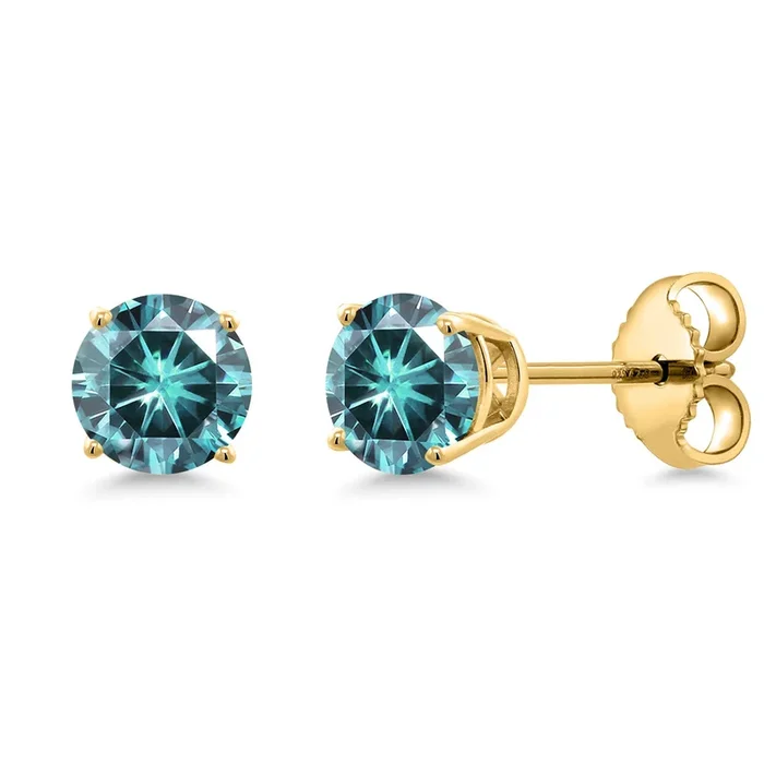 18K Yellow Gold Plated Silver Earrings Blue Round Moissanite (1.08 Cttw)
