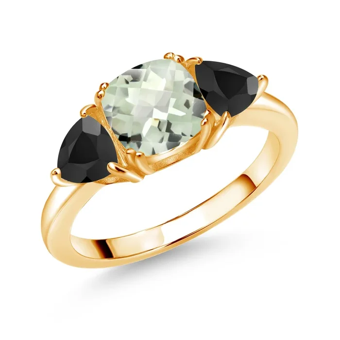 18K Yellow Gold Plated Silver Gemstone Birthstone and Black Onyx 3-Stone Engagement Ring for Women | 7MM Cushion and 5MM Trillion | Three Stone Promise Anniversary Wedding Ring | Sizes 5-9