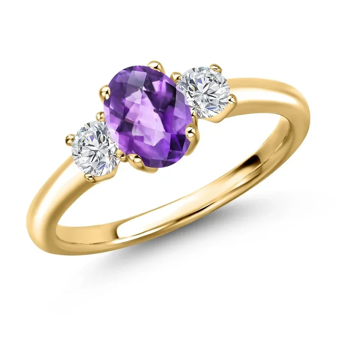 18K Yellow Gold Plated Silver Gemstone Birthstone and White Lab Grown Diamond 3-Stone Engagement Ring for Women | Oval 7X5MM and Round 3MM | Wedding Anniversary Promise Ring | Sizes 5, 6, 7, 8, 9