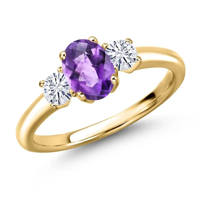 18K Yellow Gold Plated Silver Gemstone Birthstone and White Moissanite 3-Stone Engagement Ring for Women | Oval 7X5MM and Round 3MM | Wedding Anniversary Promise Ring | Sizes 5, 6, 7, 8, 9