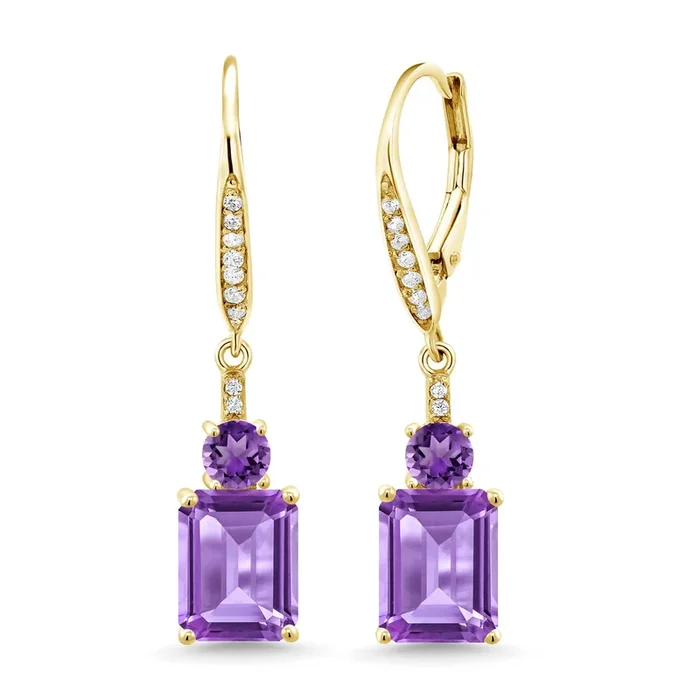 18K Yellow Gold Plated Silver Purple Amethyst Dangle Earrings For Women (5.50 Cttw, Gemstone February Birthstone, Emerald Cut 9X7MM)