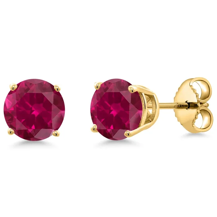 18K Yellow Gold Plated Silver Red Created Ruby Stud Earrings for Women | 2.00 Cttw | Gemstone July Birthstone | Round 6MM