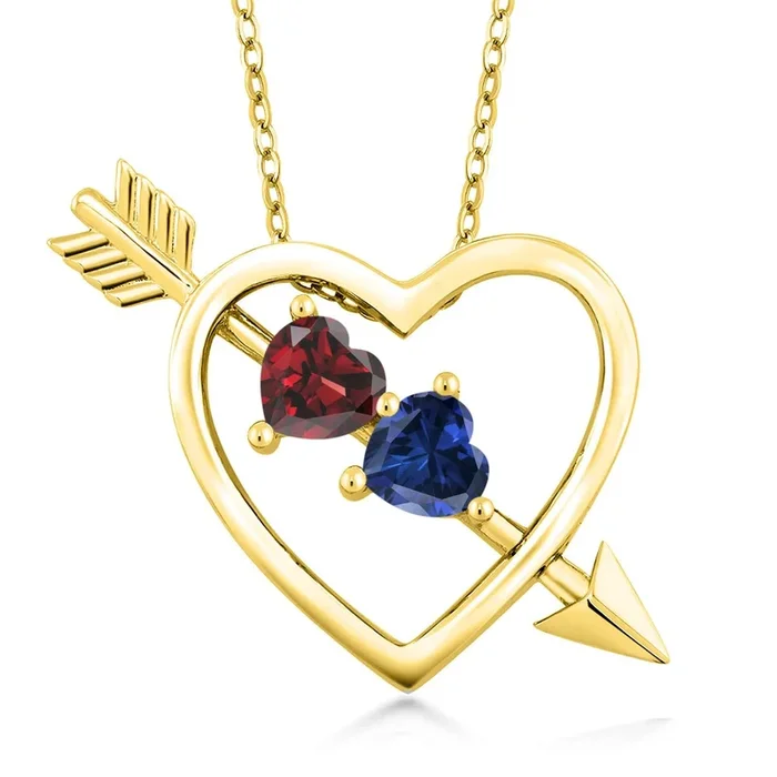 18K Yellow Gold Plated Silver Red Garnet and Blue Created Sapphire Pendant Necklace For Women (1.16 Cttw, with 18 Inch Chain)