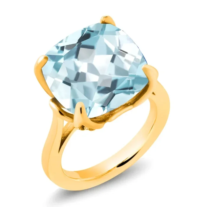 18K Yellow Gold Plated Silver Sky Blue Simulated Aquamarine and White Moissanite Engagement Ring For Women (10.90 Cttw, 14MM Cushion, Available in Size 5,6,7,8,9)
