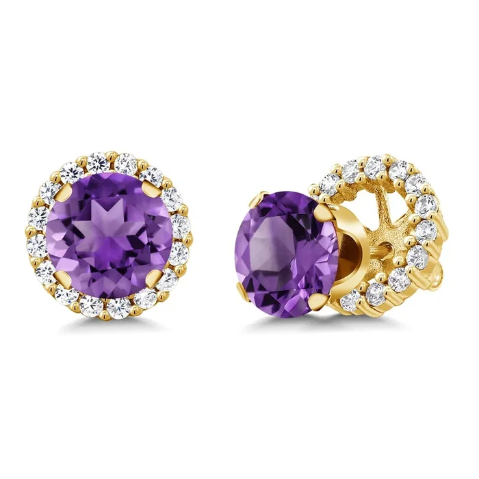 18K Yellow Gold Plated Silver Stud Earrings with Removable Jackets | Gemstone Birthstone | Round 7MM | Gold Earrings For Women