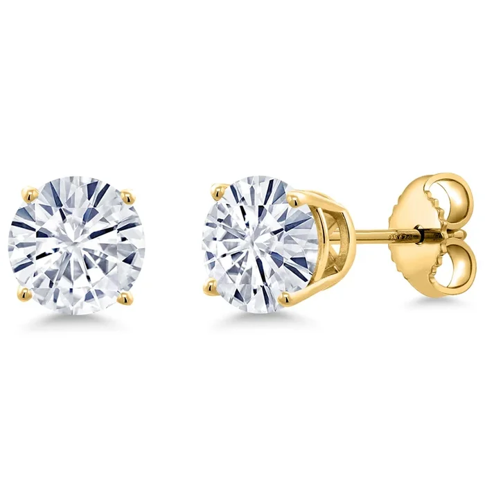 18K Yellow Gold Plated Silver White Moissanite Stud Earrings for Women | 1.60 Cttw | Gemstone Birthstone | Round 6MM