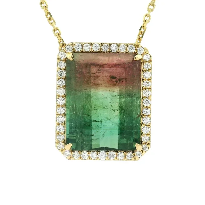 18K Yellow Gold Watermelon Tourmaline Halo Necklace
