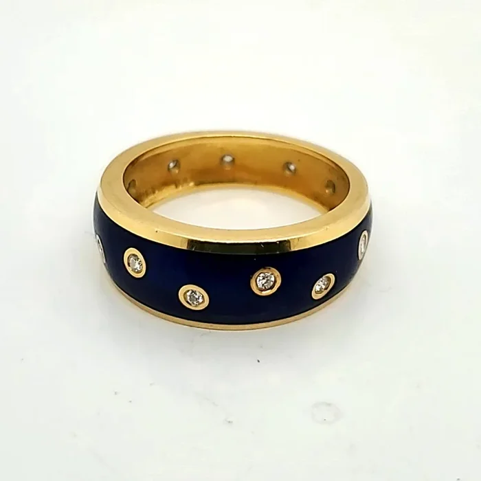 18kt Yellow Gold Cobalt Blue Enamel and Diamond Ring