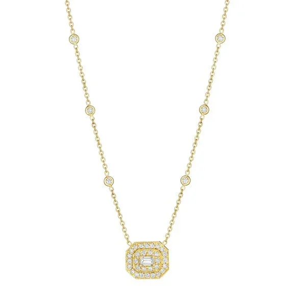 18KYG 18″ 41=1.50CT GHSI1 BR & EMR SHAPE DECO NECKLACE