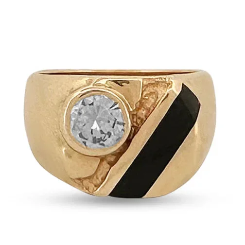1ct Round Brilliant Natural Diamond and Onyx Inlay Men’s Pinky Ring in 14k Yellow Gold