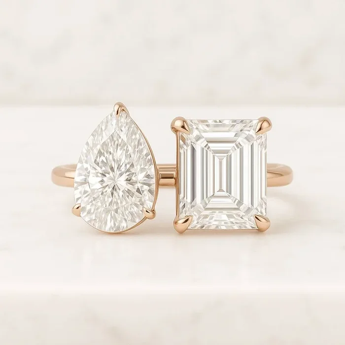 2.00 CT Pear And Emerald Cut Toi Et Moi Diamond Ring