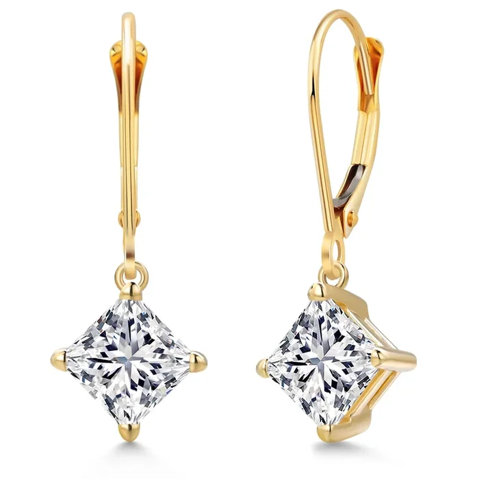 2.00 Cttw IGI Certified Lab Grown Diamond Dangle Earrings For Women in 10K Yellow Gold | 1 Ct each Princess Cut | VS1 Clarity | E-F Color | Leverbacks