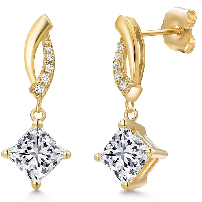 2.00 Cttw IGI Certified Lab Grown Diamond Dangle Earrings For Women in 14K Yellow Gold | 1 Ct each Princess Cut | VS1 Clarity | E-F Color