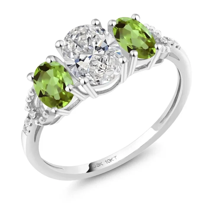 2.02 Cttw 10K White Gold IGI Certified Lab Grown Diamond and Green Peridot 3-Stone Engagement Ring | Center Oval Diamond 1.00 Ct | E-F Color | VS1-VS2 Clarity