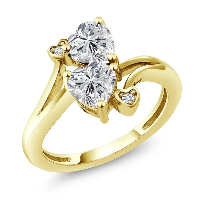 2.04 Cttw 10K Yellow Gold IGI Certified Lab Grown Diamond 2 Heart Shape Engagement Ring For Women | Heart Shape Diamonds Each 1 Ct | E-F Color | VS1-VS2 Clarity