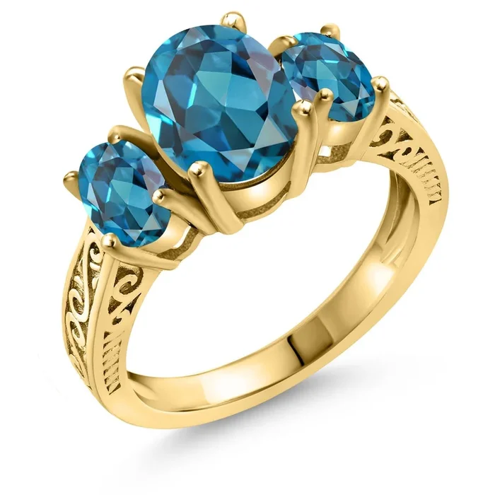 2-3 Cttw Oval 3-Stone Engagement Ring For Women | 18K Yellow Gold Plated Silver | Gemstone Birthstone | Oval 9X7MM and 6X4MM | Three Stone Wedding Anniversary Promise Ring