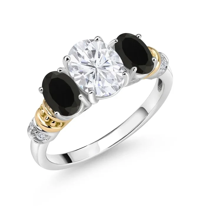 2.33 Cttw 925 Sterling Silver and 10K Yellow Gold IGI Certified Lab Grown Diamond and Black Onyx 3 Stone Ring For Women | Center Oval Diamond 1.5 Ct | E-F Color | VS1-VS2 Clarity
