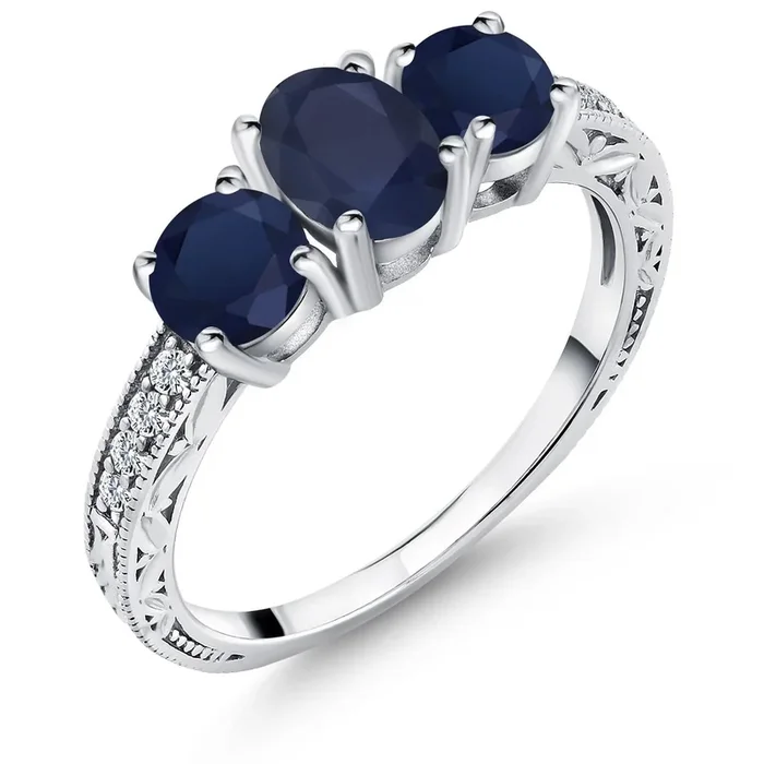 2.34 Cttw Blue Sapphire 3-Stone Ring for Women | Gemstone Birthstone | Oval 7X5MM and round 5MM