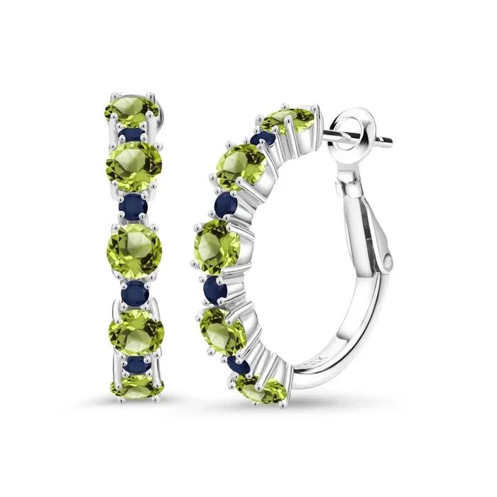 2-4 Cttw Gemstone Birthstone and Blue Sapphire Hoop Earrings for Women | 925 Sterling Silver | Round 4MM and 1.9MM | 1 Inch Diameter Hoops | Fine Jewelry for Her Mom Wife Women