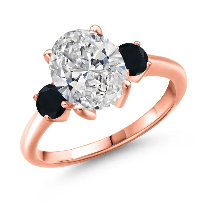 2.44 cttw IGI Certified Lab Grown Diamond and Black Onyx 3-Stone Engagement Ring For Women | 18K Rose Gold Plated Silver | Center 2.00 Ct Diamond | E-F Color | VS1-VS2 Clarity