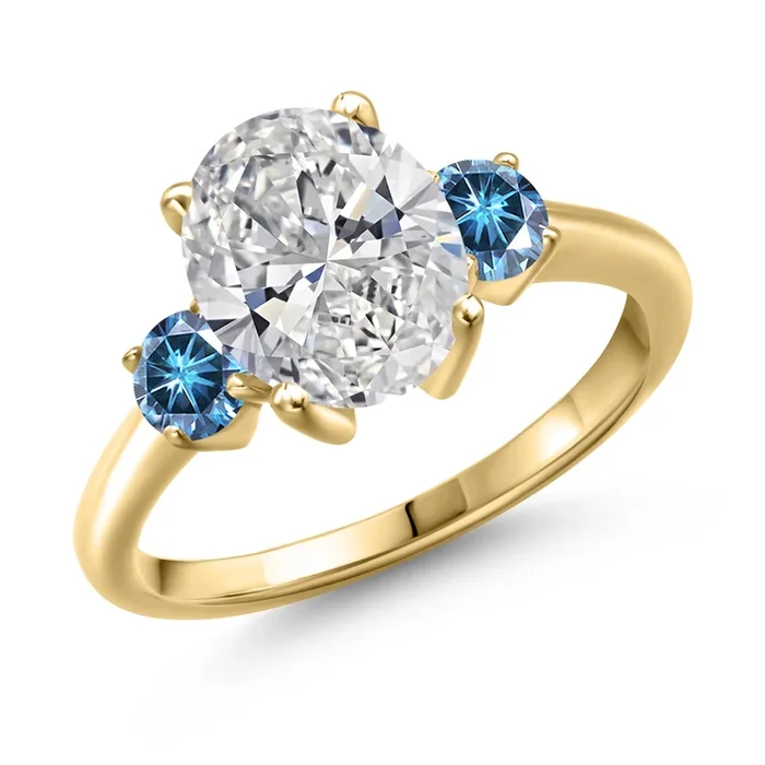 2.46 cttw IGI Certified Lab Grown Diamond and Persian Blue Moissanite 3-Stone Engagement Ring For Women | 18K Yellow Gold Plated Silver | Center 2.00 Ct Diamond | E-F Color | VS1-VS2