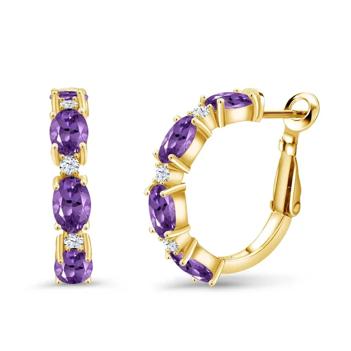 2-5 Cttw 18K Yellow Gold Plated Silver Oval Gemstone Birthstone Hoop Earrings For Women | Oval 6X4MM and Round 2MM | 20MM = 0.80 Inch | Fine Jewelry for Her Mom Women Wife
