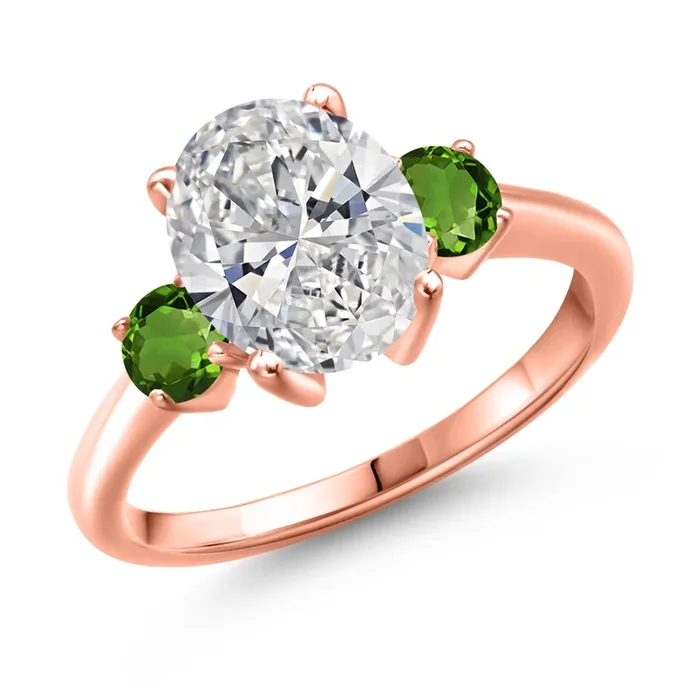 2.50 cttw IGI Certified Lab Grown Diamond and Green Tourmaline 3-Stone Engagement Ring For Women | 18K Rose Gold Plated Silver | Center 2.00 Ct Diamond | E-F Color | VS1-VS2 Clarity