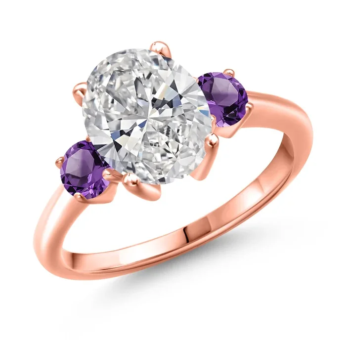 2.50 cttw IGI Certified Lab Grown Diamond and Purple Amethyst 3-Stone Engagement Ring For Women | 18K Rose Gold Plated Silver | Center 2.00 Ct Diamond | E-F Color | VS1-VS2 Clarity