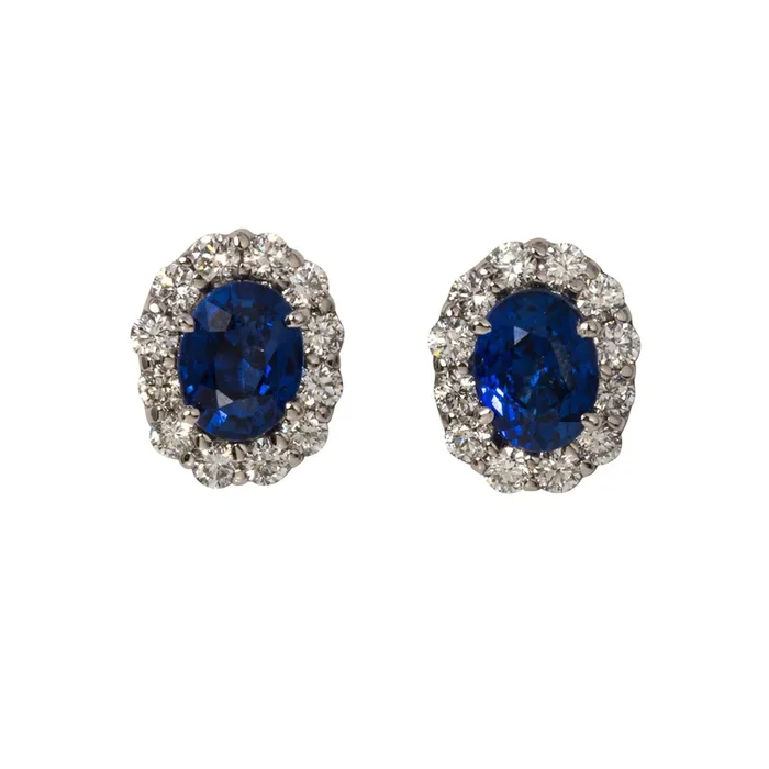 2.50ctw Oval Sapphire & Diamond Cluster 18K Gold Stud Earrings