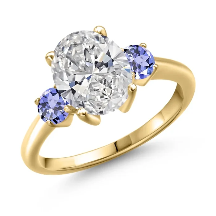 2.60 cttw IGI Certified Lab Grown Diamond and Blue Tanzanite 3-Stone Engagement Ring For Women | 18K Yellow Gold Plated Silver | Center 2.00 Ct Diamond | E-F Color | VS1-VS2 Clarity