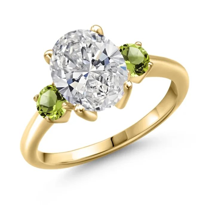 2.60 cttw IGI Certified Lab Grown Diamond and Green Peridot 3-Stone Engagement Ring For Women | 18K Yellow Gold Plated Silver | Center 2.00 Ct Diamond | E-F Color | VS1-VS2 Clarity