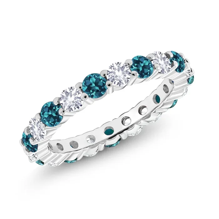2.60 Cttw London Blue Topaz and White Created Sapphire Eternity Band Ring For Women | 925 Sterling Silver | Round 3MM | Wedding Engagement Anniversary Promise Ring For Women