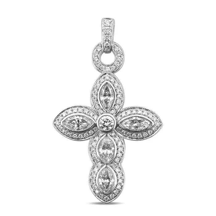 2.62ctw Marquise & Round Brilliant Natural Diamond Cross Pendant in 18k White Gold