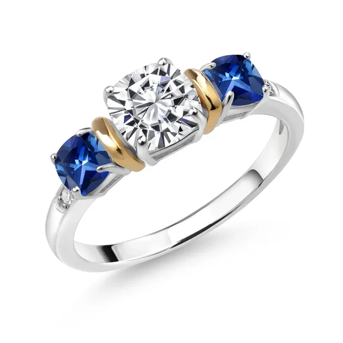 2.72 Cttw 925 Silver & 10K Yellow Gold IGI Certified Lab Grown Diamond and Created Sapphire 3 Stone Ring For Women | 1 Ct Center Cushion Cut Diamond | E-F Color VS1-VS2 Clarity