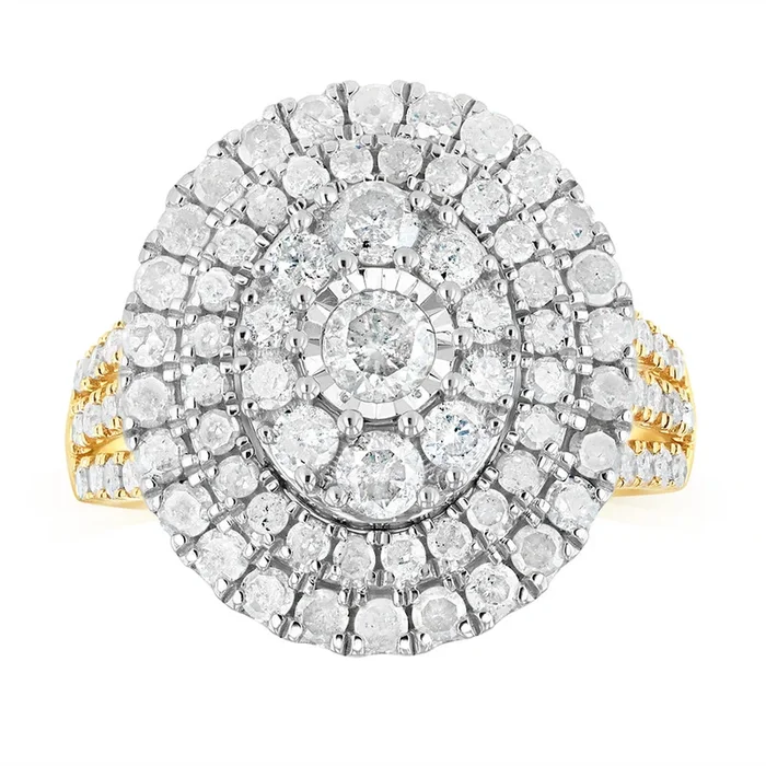 2 Carat Natural Diamond Oval Shaped Ring in 9ct Yellow Gold and Sterling Silver