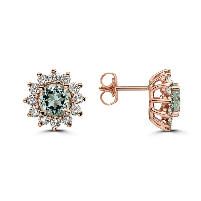 2 cts Blue Aquamarine and Diamond Earrings in 14K Rose Gold by Birthstone