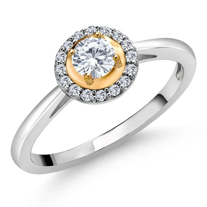 2 Tone 925 Sterling Silver and 10K Yellow Gold White Lab Grown Diamond Solitaire Engagement Ring For Women (0.38 Cttw, Round 4MM)