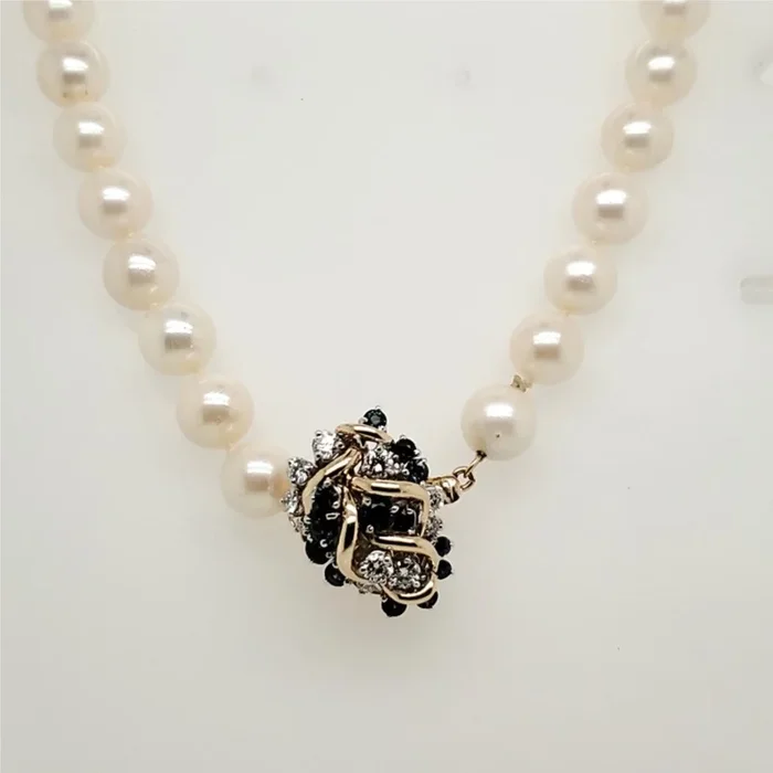 26″” Strand 8.5X8mm Cultured Akoya Pearl Necklace with 14kt Yellow Gold Sapphire and Diamond Clasp