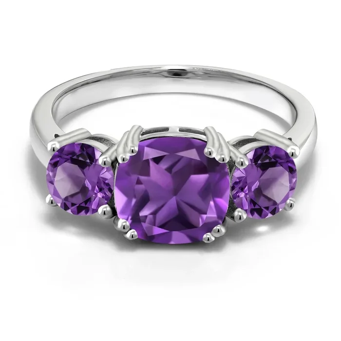 3.00 Cttw Purple Amethyst 3-Stone Engagement Ring For Women | 925 Sterling Silver | Gemstone February Birthstone | Cushion 8MM