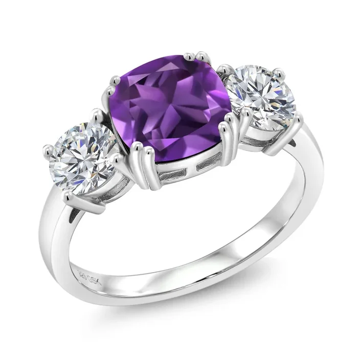 3.10 Cttw Purple Amethyst and Lab Grown Diamond Engagement 3-Stone Ring For Women | 925 Sterling Silver | Cushion 8MM and Round 5MM | Gemstone Birthstone