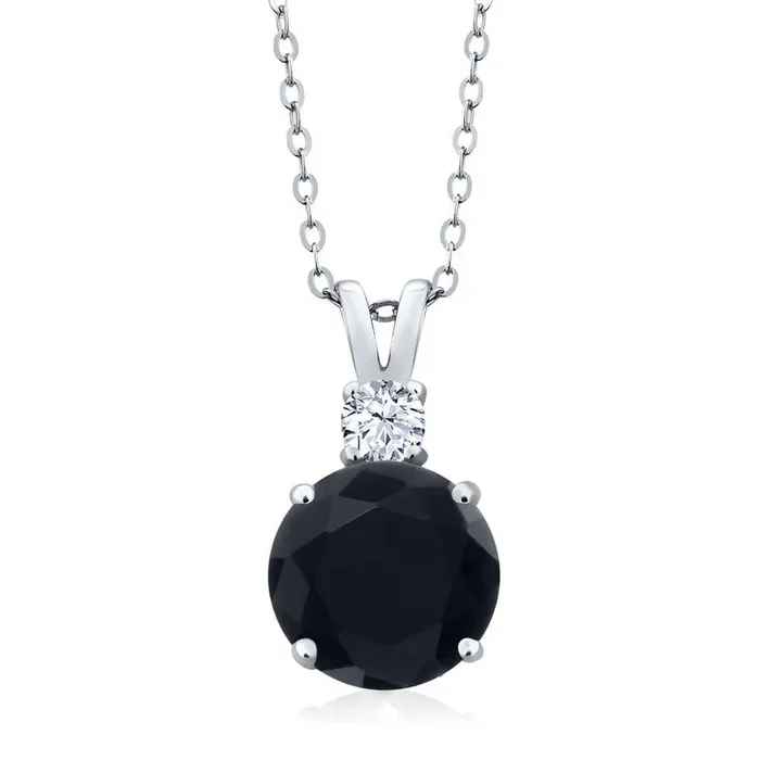 3.14 Cttw Black Onyx and White Topaz Pendant Necklace For Women In 925 Sterling Silver | Gemstone December Birthstone | Round 10MM | With 18 Inch Chain