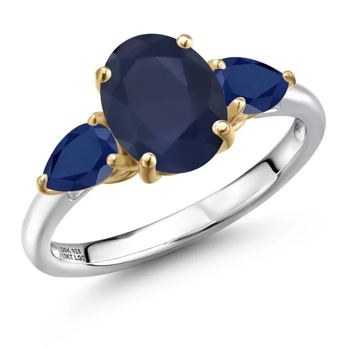 3.20 Cttw Blue Sapphire 3-Stone Engagement Ring For Women | 925 Silver and 10K Yellow Gold | Oval 9X7MM | Gemstone September Birthstone